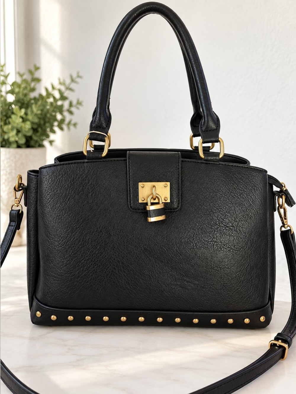Classic Black Leather Satchel Handbag with Gold Hardware - NWT